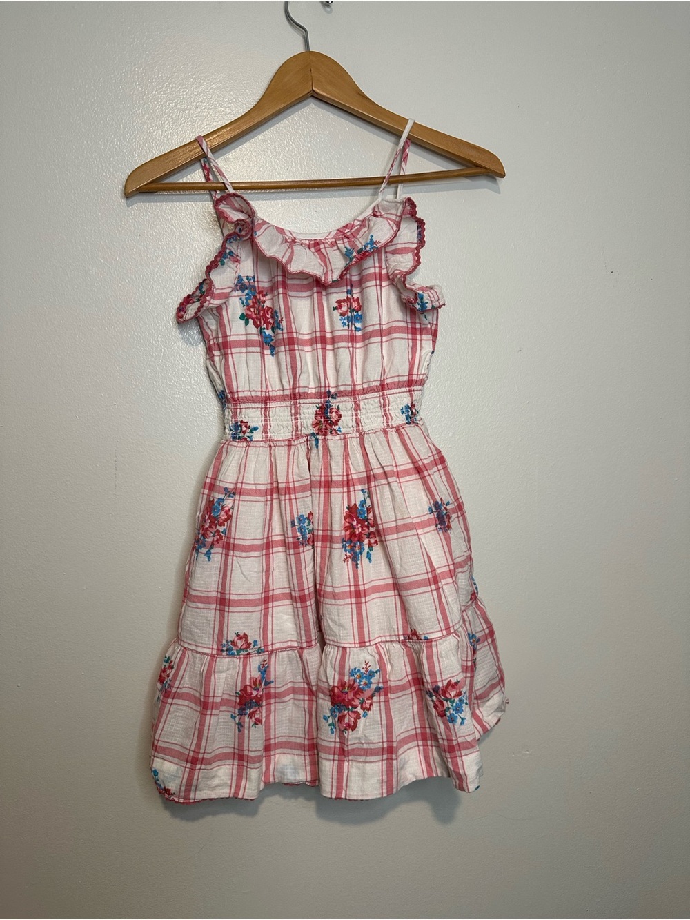 Polo Ralph Lauren Blue Pink Floral Tablecloth Dress Girls Size 12 Pockets Cotton